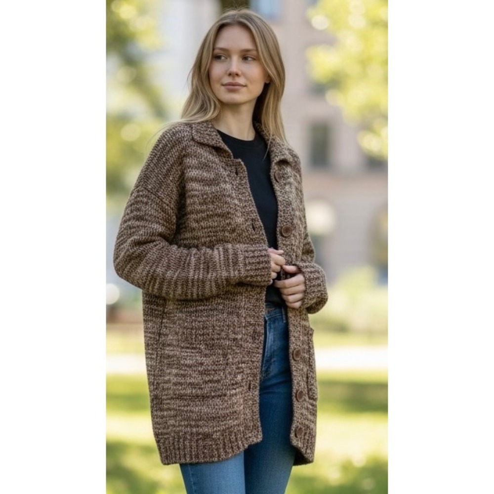 Carol Rose Brown Marled Knit Button Front Cardigan Sweater Collared Womens Large